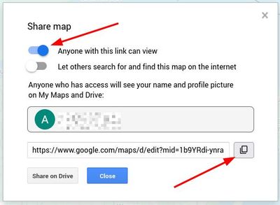 Setting the map link to Anyone with this link can view, then copying the URL